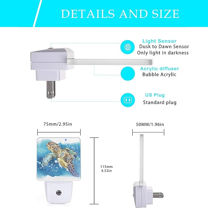 Turtle Night Light, Watercolor Sea Turtle Night Lights 0.5W Sleep Friendly - Image 2