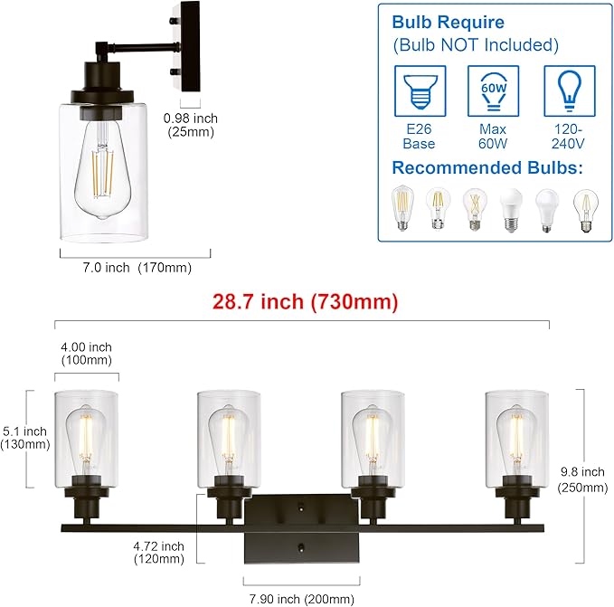 MELUCEE 4 Lights Wall Sconce Lighting Oil Rubbed Bronze Finished - Image 5
