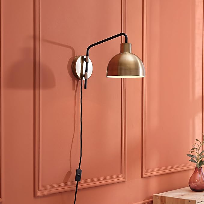 GLOBE Electric 51719 1-Light Plug-in or Hardwire Wall Sconce, Antique Brass - Image 2
