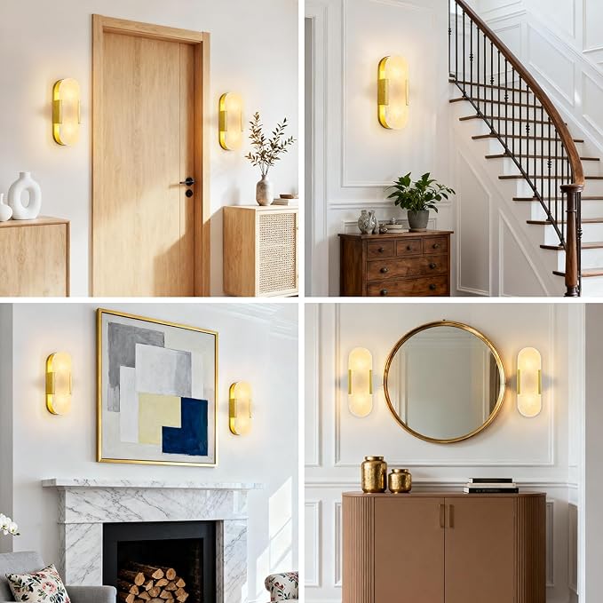 Brass Alabaster Wall Sconces Set of Two, Modern Natural Marble Wall Sconces - Image 6