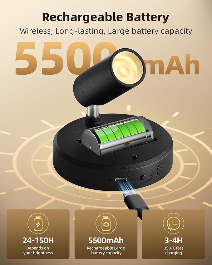 EZVALO Wireless LED Spotlights Indoor, 5500mAh Rechargeable Battery Powered - Image 2