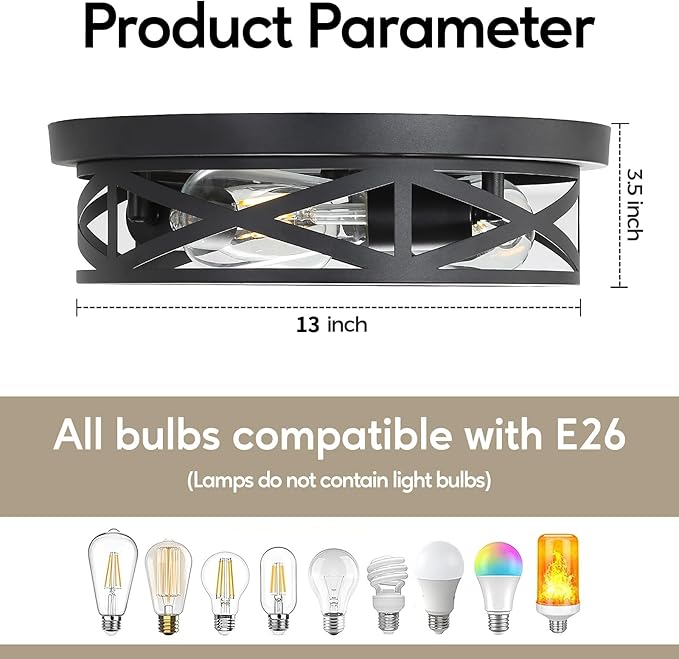 Farmhouse Cage Ceiling Light Fixtures, 3-Light Indoor Close to Ceiling Lights - Image 2