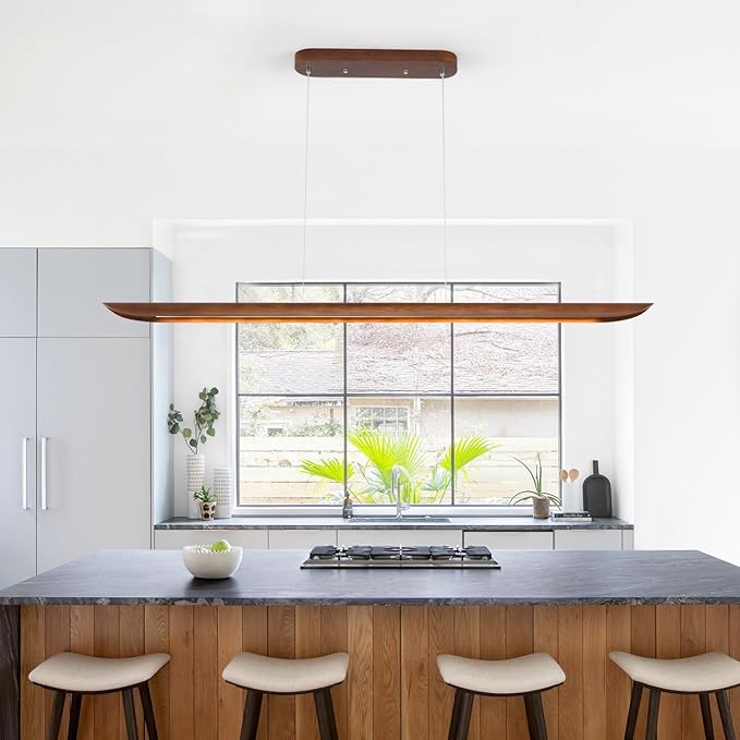 71" Wood Linear Pendant Light, Dimmable Kitchen Island Lighting - Image 3
