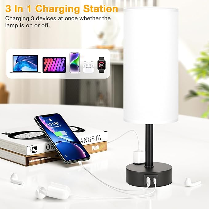 White Bedroom Lamps Set of 2-3 Way Dimmable Touch Table Lamps - Image 3