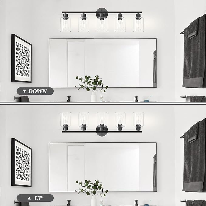 5-Light Black Bathroom Vanity Lights, E26 Modern Bathroom Light Fixtures - Image 5