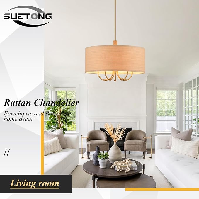 Large 5-Lights Modern Chandelier, Hand-Woven Rattan Chandelier, Antique Brass - Image 5
