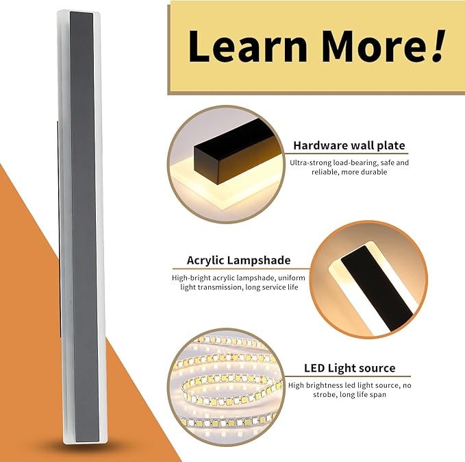 Outdoor Wall Light Fixture, 31.4inch Black Modern Linear Exterior Sconce - Image 3