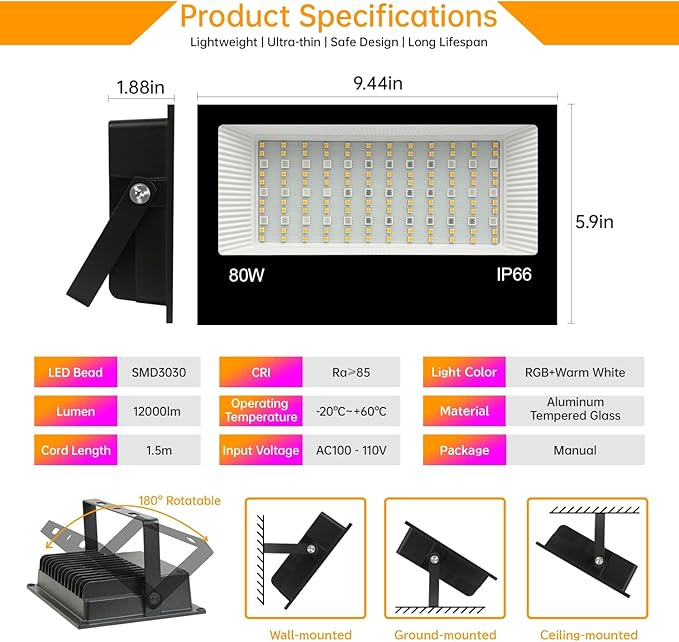 LED Flood Light Outdoor, 80W RGB Color Changing Smart Floodlights 2700K 8000LM - Image 7