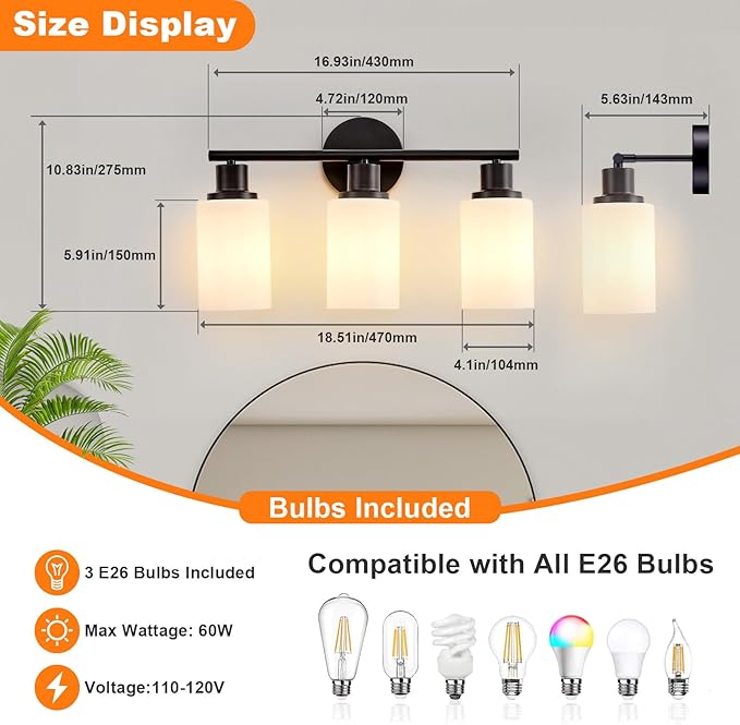 DLLT 3-Light Bathroom Light Fixtures: Black Modern Vanity Lights - Image 6