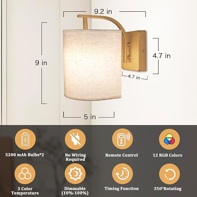 Battery Operated Wall Sconces Set of 2 Rechargeable Wall Lights - Image 3