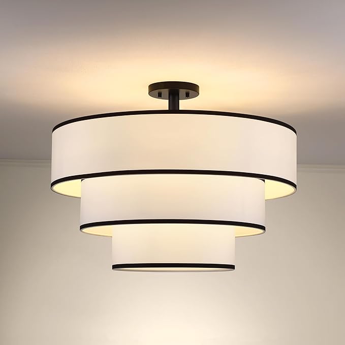 Doraimi Lighting 3 Tier Black White Drum Fabric Semi Flush Mount Light Modern by DoraimiLighting