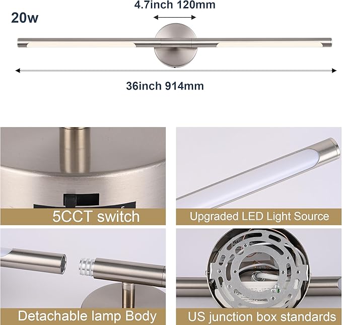 BONLICHT Brushed Nickel Vanity Light Fixtures Over Mirror 20W 350°Rotatable - Image 5