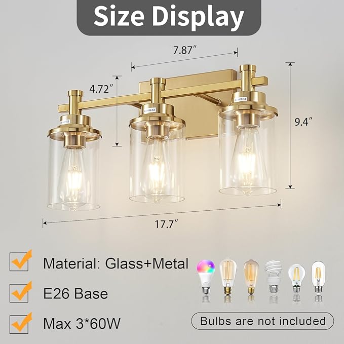 3 Light Gold Bathroom Vanity Light Over Mirror, Brushed Brass Vanity Light - Image 5
