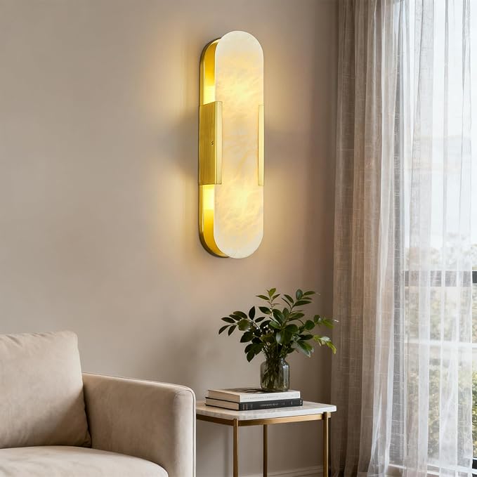 Brass Alabaster Wall Sconce, Modern Natural Marble Wall Sconces - Image 7