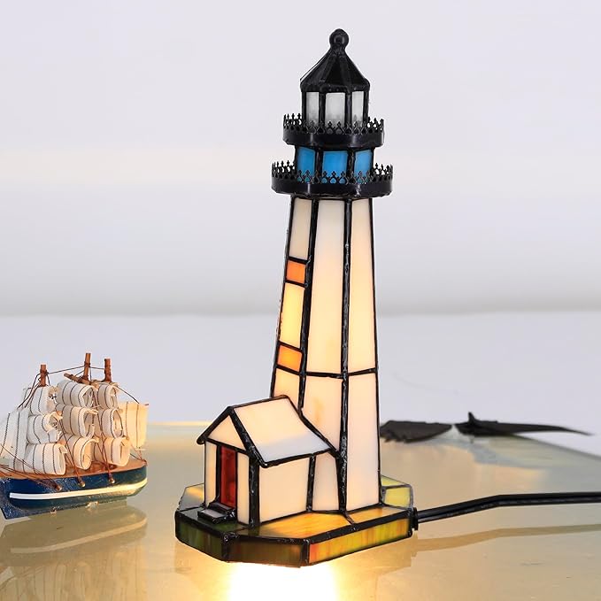 Small Tiffany Lighthouse Stained Glass Accent Table Lamp Night Light - Image 7