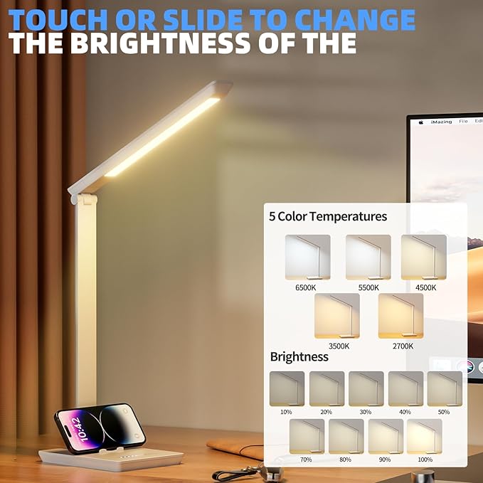 Desk Lamp with USB Charging Port, 14W 900LM Dimmable Eye-Caring Reading LED - Image 2
