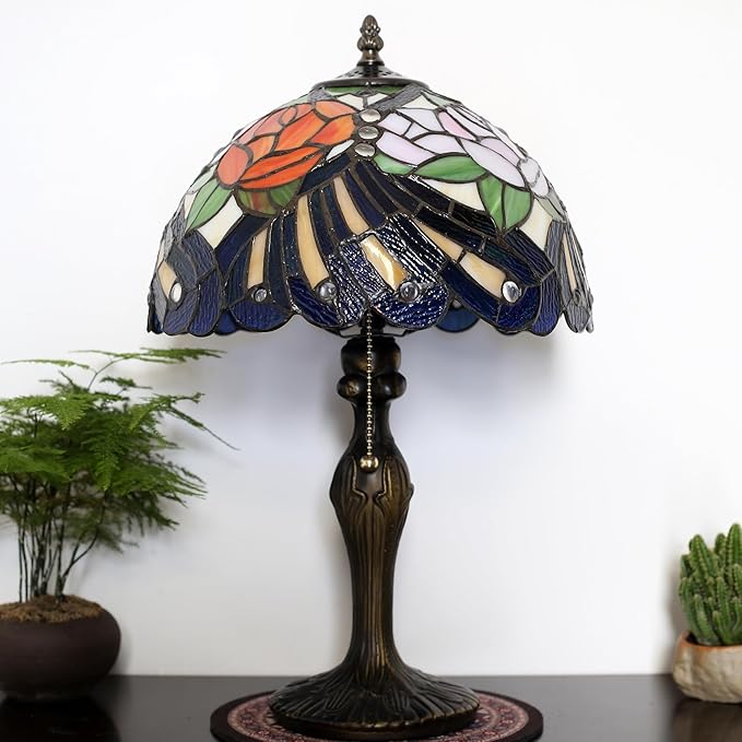 Tiffany Lamp Stained Glass Table Lamp 12” x 19” Rose Feather Style Decorative - Image 7