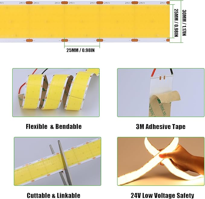 JOYLIT 30MM Wide COB LED Strip Lights 24V Warm White 3000K 16.4FT/5M 8000LEDs - Image 4