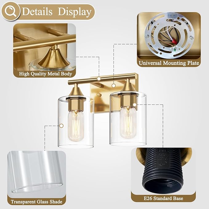 Gold Vanity Lights for Bathroom, 2-Light Bathroom Light Fixtures, Brushed Brass - Image 5