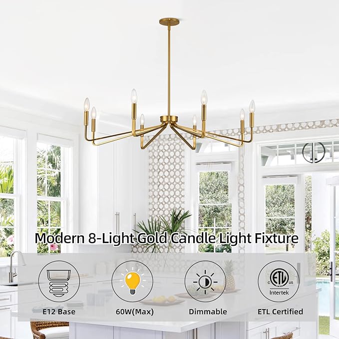 38" Gold Chandeliers for Dining Room, 8-Light Modern Farmhouse Chandelier Light - Image 2
