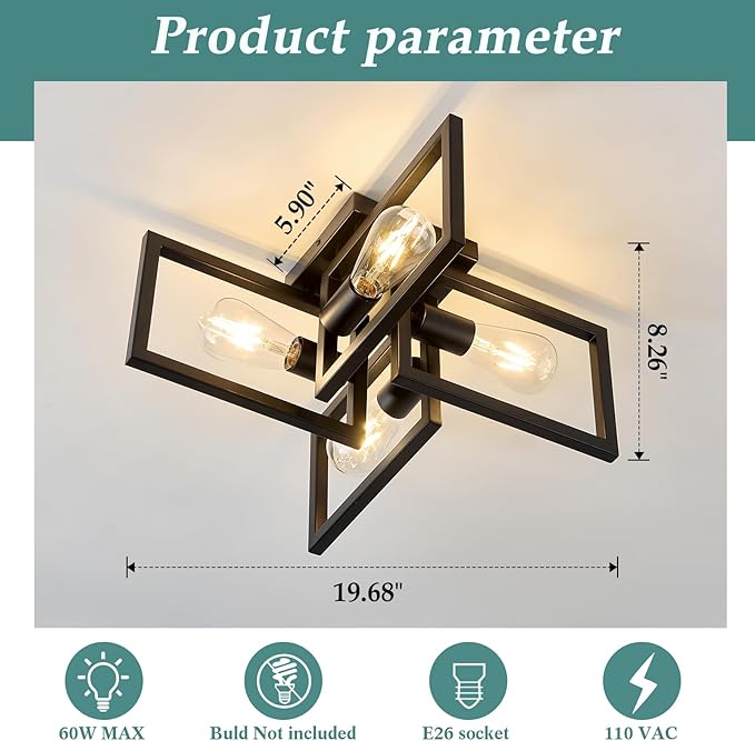 ZGLAOJT 4-Light Flush Mount Ceiling Light Black Industrial Kitchen Light - Image 2