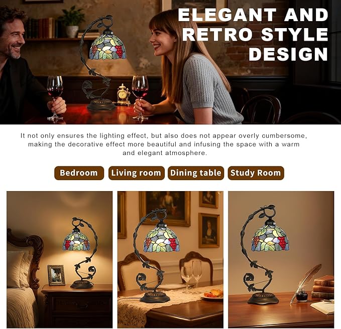 Stained Glass Lamp, Vintage Table Lamp, Living Room, Study（Grape） - Image 6