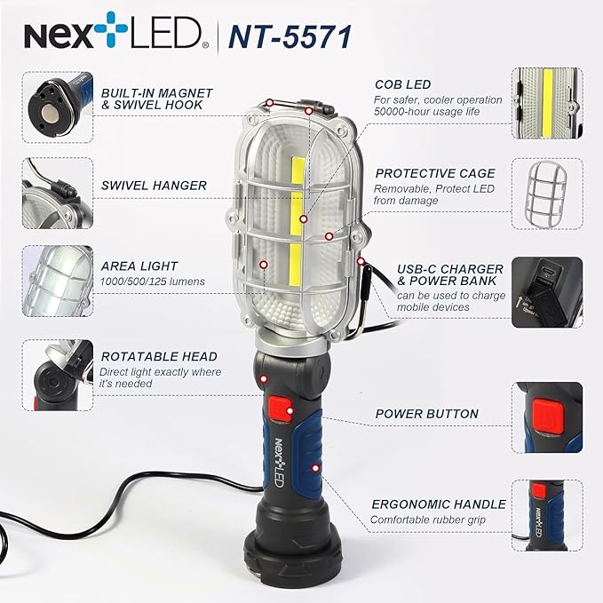 NextLED NT-5571 Rechargeable Magnetic LED Work Light, 1000 LM Trouble Light - Image 3