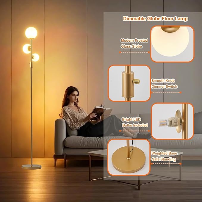 Fiqevs Upgrade Dimmable Floor Lamp, 3 Globe Mid Century Floor Lamps - Image 5