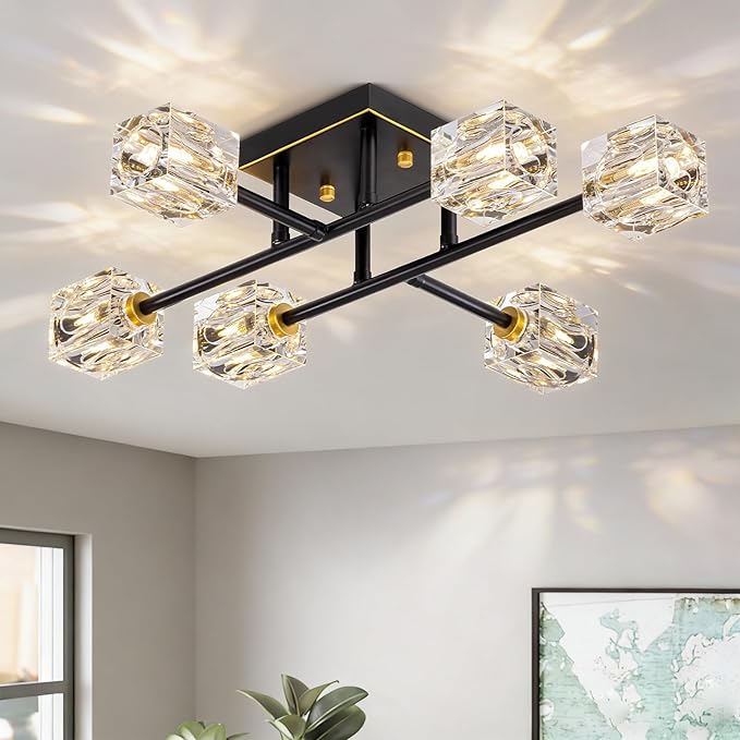 6-Light Modern Sputnik Ceiling Light Fixture，Crystal Semi Flush Mount Ceiling by Krisosia-ElegantLighting