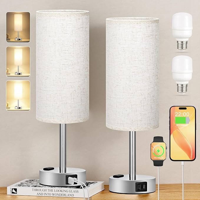 Light Beige Touch Nightstand Lamps Set of 2-3 Way Dimmable Bedside Table Lamps - Image 8