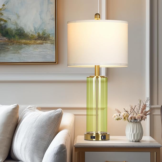 26" Green Glass Table Lamps for Bedside, Modern Living Room Lamps Set of 2 - Image 5