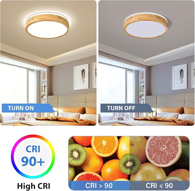 Modern Dimmable Wood Flush Mount Ceiling Light, 2700K-6000K 5CCT Round Close to - Image 6