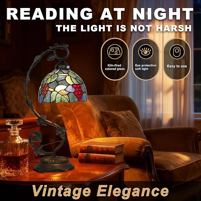 Stained Glass Lamp, Vintage Table Lamp, Living Room, Study（Grape） - Image 4