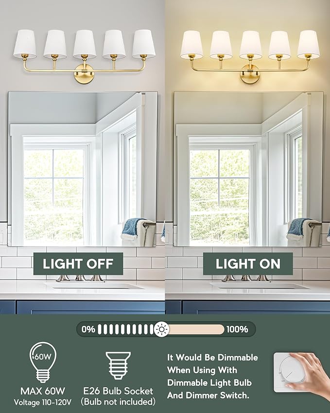 Bathroom Light Fixtures, 5 Light Brushed Gold Vanity Lights - Image 5