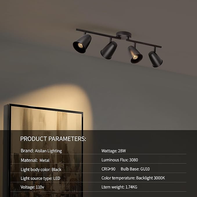 Aisilan LED 4-Light Track Lighting Fixtures Ceiling, Matte Black GU10 Track - Image 6