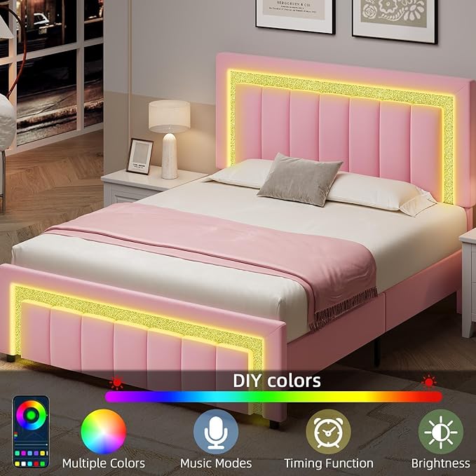 HOMBCK Queen Bed Frame with Velvet Upholstered Headboard and LED Lights - Image 3