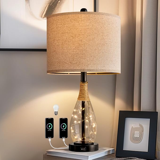 OYEARS Bedside Table Lamp with USB, 23‘’ Black Modern Nightstand Lamps by OYEARS