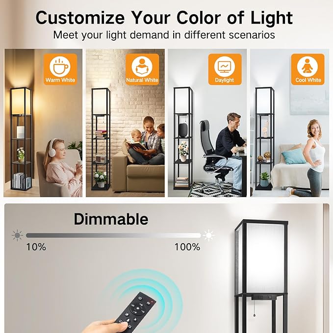 OUTON Floor Lamp with Shelves, Dimmable Shelf Floor Lamp with Remote, 1USB & 1 - Image 2