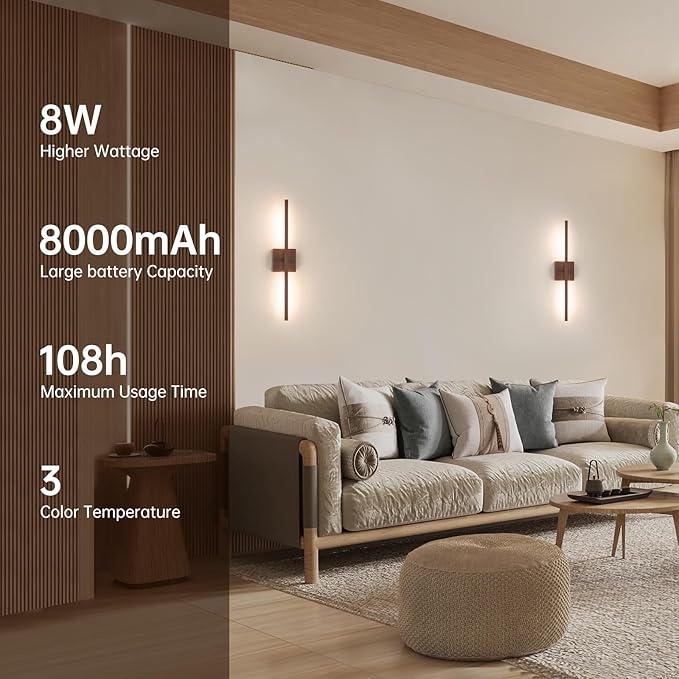 Battery Operated Wall Sconce Set of 2, 8000mAh Rechargeable Wall Sconces - Image 3