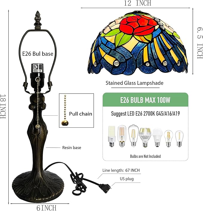 Tiffany Lamp Stained Glass Table Lamp 12” x 19” Rose Feather Style Decorative - Image 9