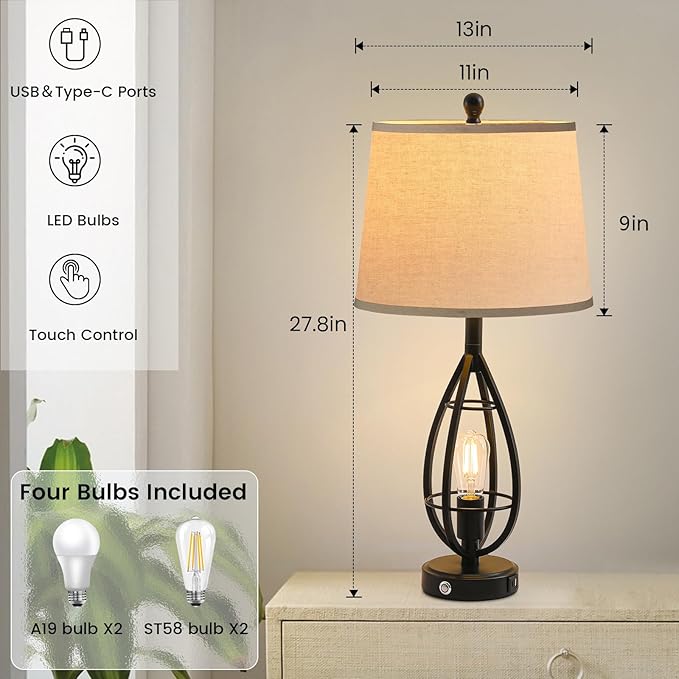 27.8" Farmhouse Table Lamps for Living Room Set of 2, Rustic Nightstand Lamps - Image 6