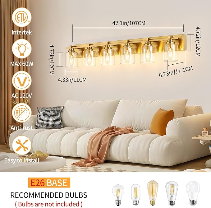 6 Light Modern Bathroom Light Fixtures Over Mirror, Brass Finish Vanity Lights - Image 5