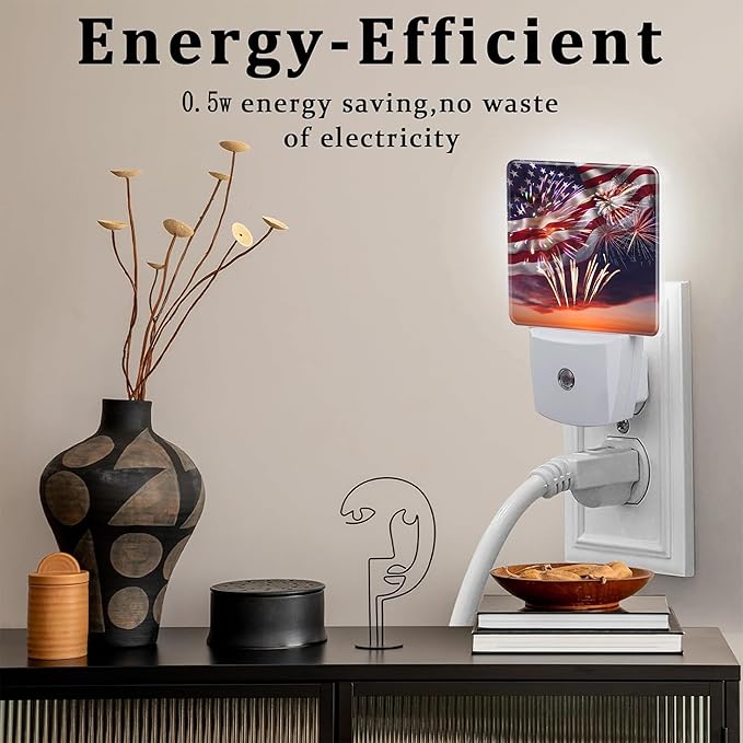America Flag with Fireworks Night Light Plug into Wall, Retro The USA Flag - Image 4