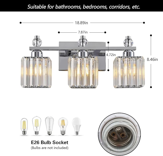 Bathroom Vanity Lights 3-Light Modern Crystal Vanity Light Chrome Bathroom - Image 5