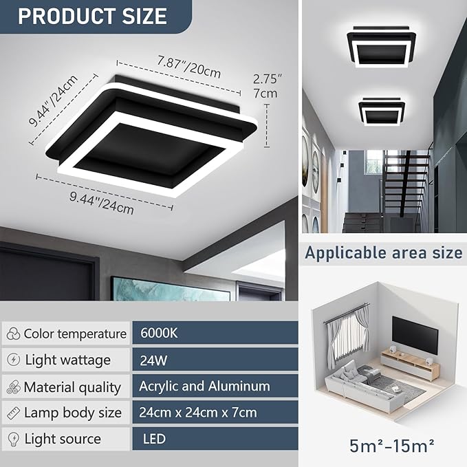 CANEOE 3 Packs Square Flush Mount Ceiling Light, 6000K Black Modern LED Ceiling - Image 6