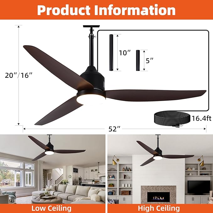 Outdoor Ceiling Fan with Light, 52 Inch Walnut Waterproof Outdoor Patio Fan - Image 5