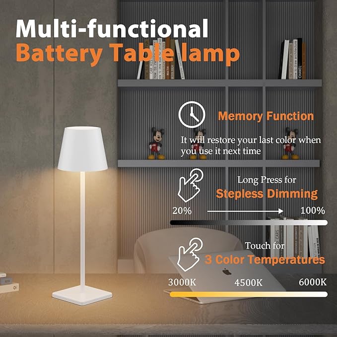 White Cordless Table Lamp, 2 Pack 5500mAh Battery Powered LED Table Light - Image 5