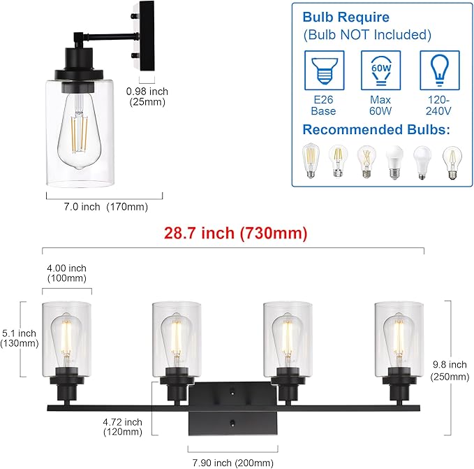 MELUCEE 4 Lights Sconces Wall Lighting Black - Image 4