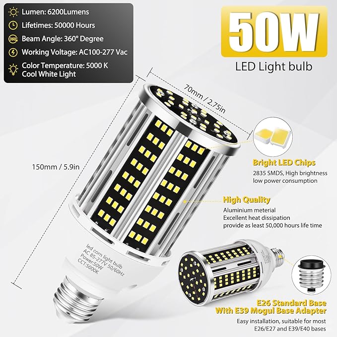 50W LED Corn Light Bulb, 5000K Commercial Grade Daylight E26/E39 6500LM Medium - Image 3