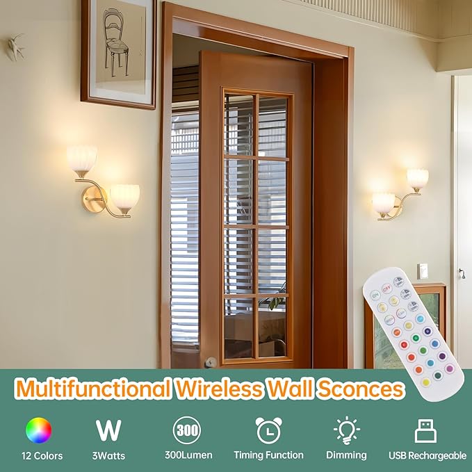 Battery Operated Wall Sconce, 2-Lights Vinatge Brass Wall Lighting - Image 2